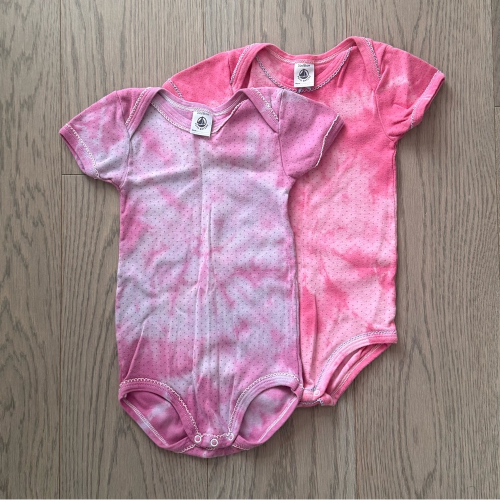 Petit Bateau Pink Tie-Dye Short Sleeve One-Piece Bodysuits (Set of 2)